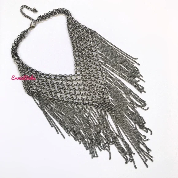 New Maximalist Chainmail Style Fringe Bib Statement Necklace - Picture 5 of 16